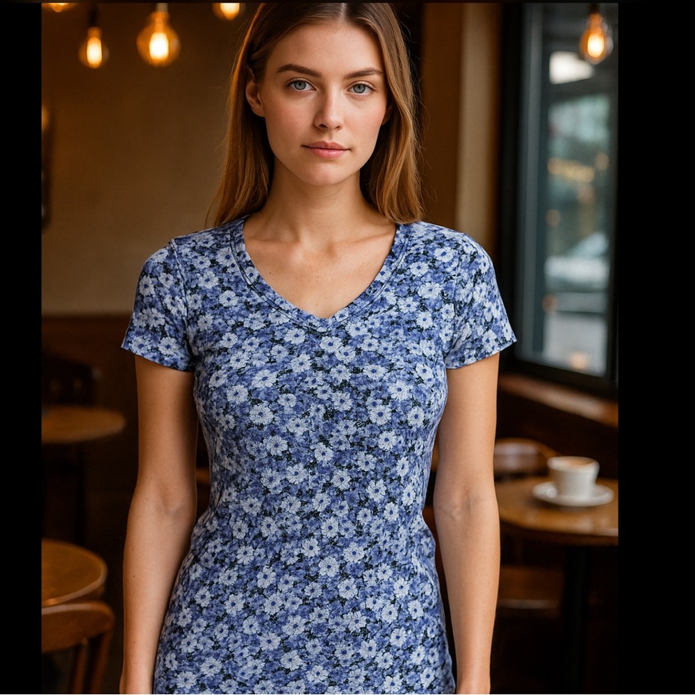 #47 Jackpot Fitted Blue and White Floral Short Sleeve Tee XS